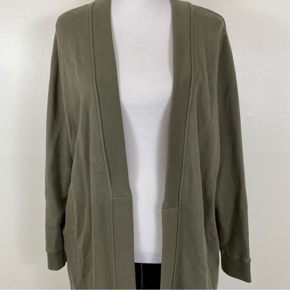 Oak + Fort Long Open Cardigan Duster in Army Green - Picture 4 of 8